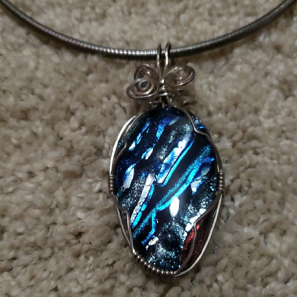 Vibrant Blue and Silver Dichroic Glass Necklace